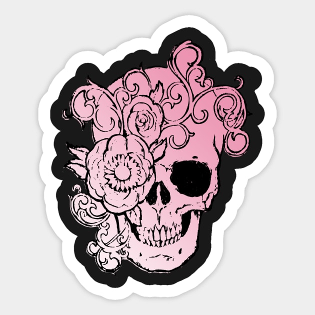 Filigree Skull Pink Fade With Flower Original Art T-Shirt Sticker by ckandrus